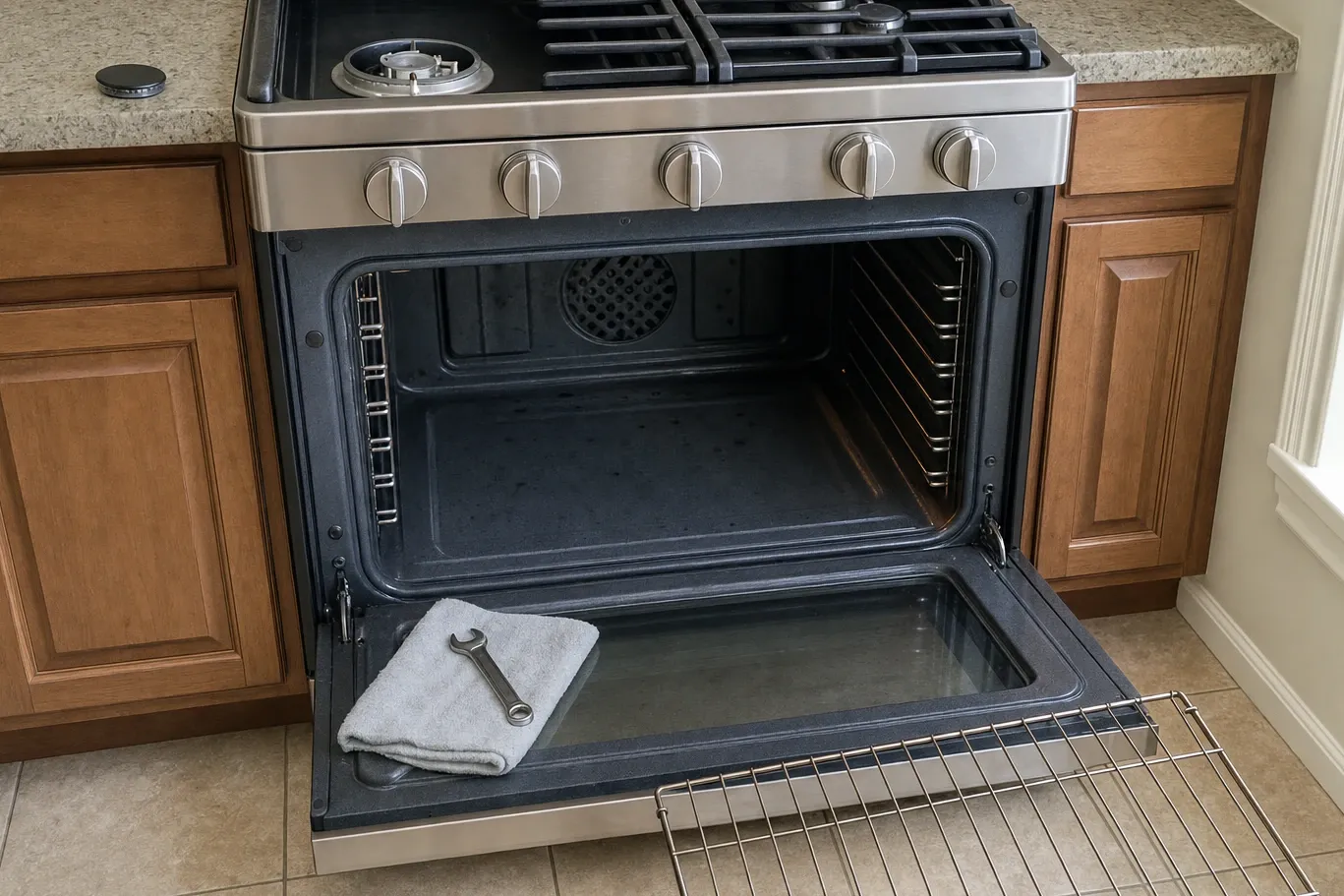 Stainless slide-in gas range with the oven door lowered, the oven rack out on the floor and a wrench on a folded towel on the door