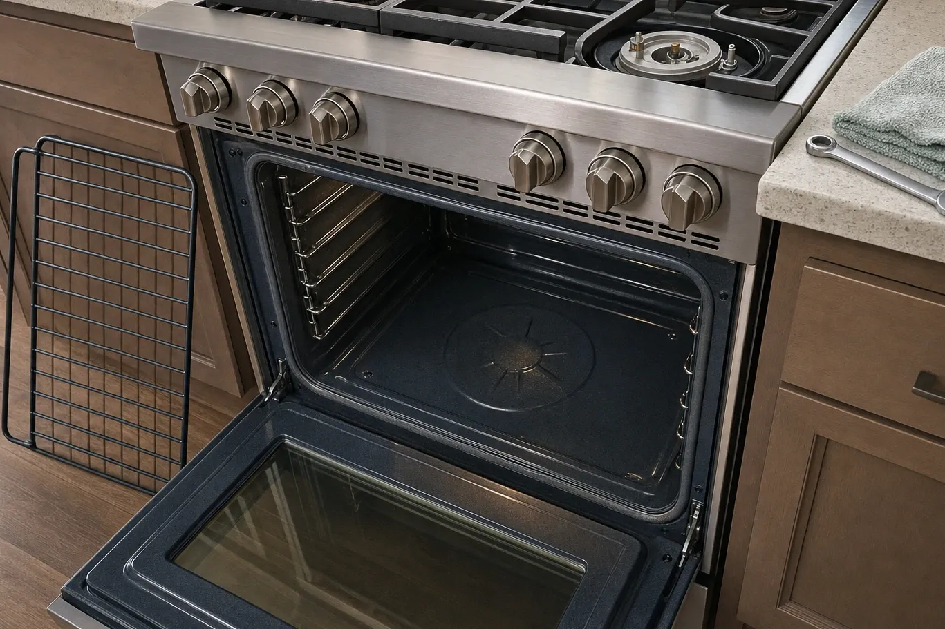 Stainless range seen from the right with the oven door open, the starburst bake-burner cover on the cavity floor and a ratchet wrench on the counter