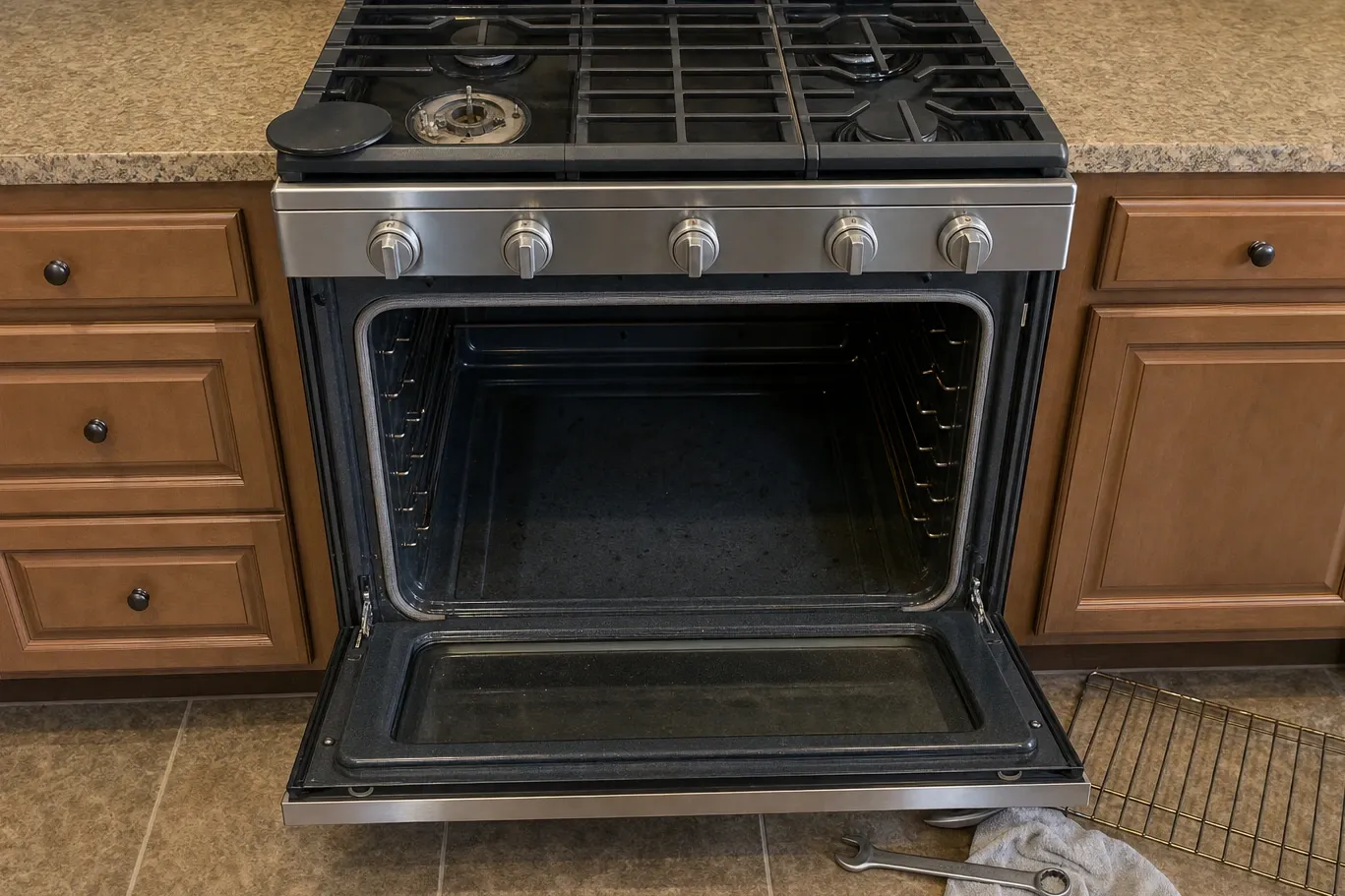 Stainless slide-in gas range straight on with the oven door lowered flat, one burner cap lifted off and the rack out on the tile floor
