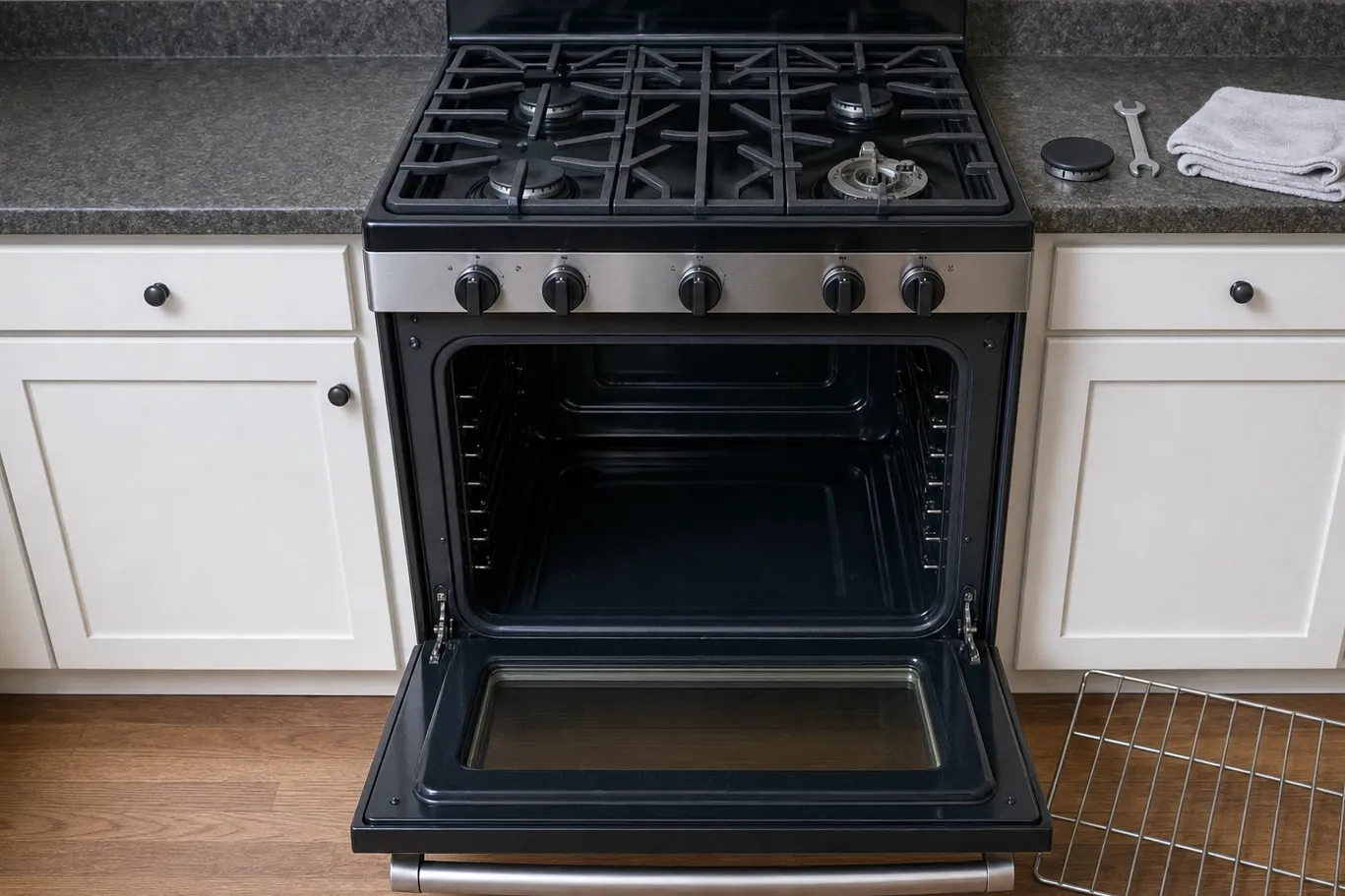 Black freestanding gas range with a high backguard, oven door open on an empty cavity, one burner head exposed and a wrench on the counter
