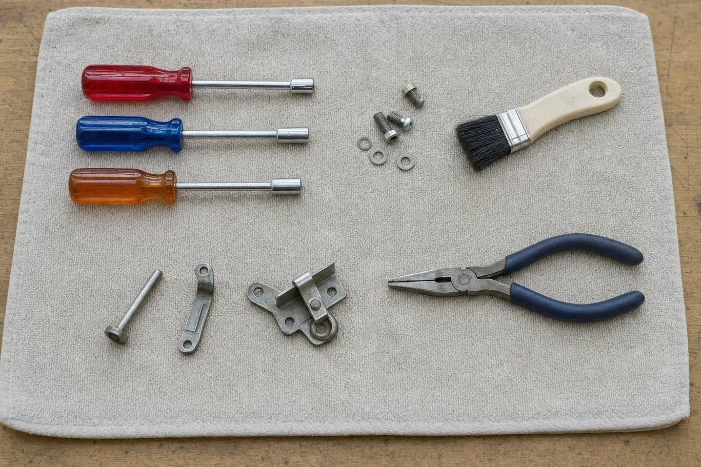 Nut drivers, long-nose pliers, a bristle brush and a dismantled oven door latch with its striker pin laid out on a cloth