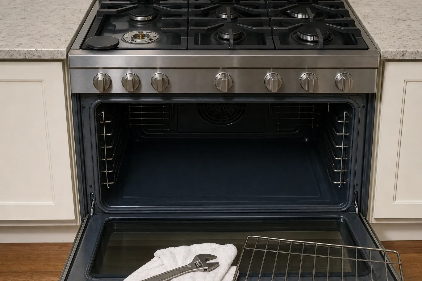Wide six-burner stainless gas range with the oven door open, one burner cap removed and an adjustable wrench on a towel across the door